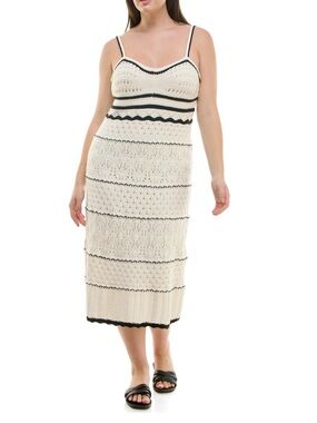 Cream Crochet midi Dress with Black Trim